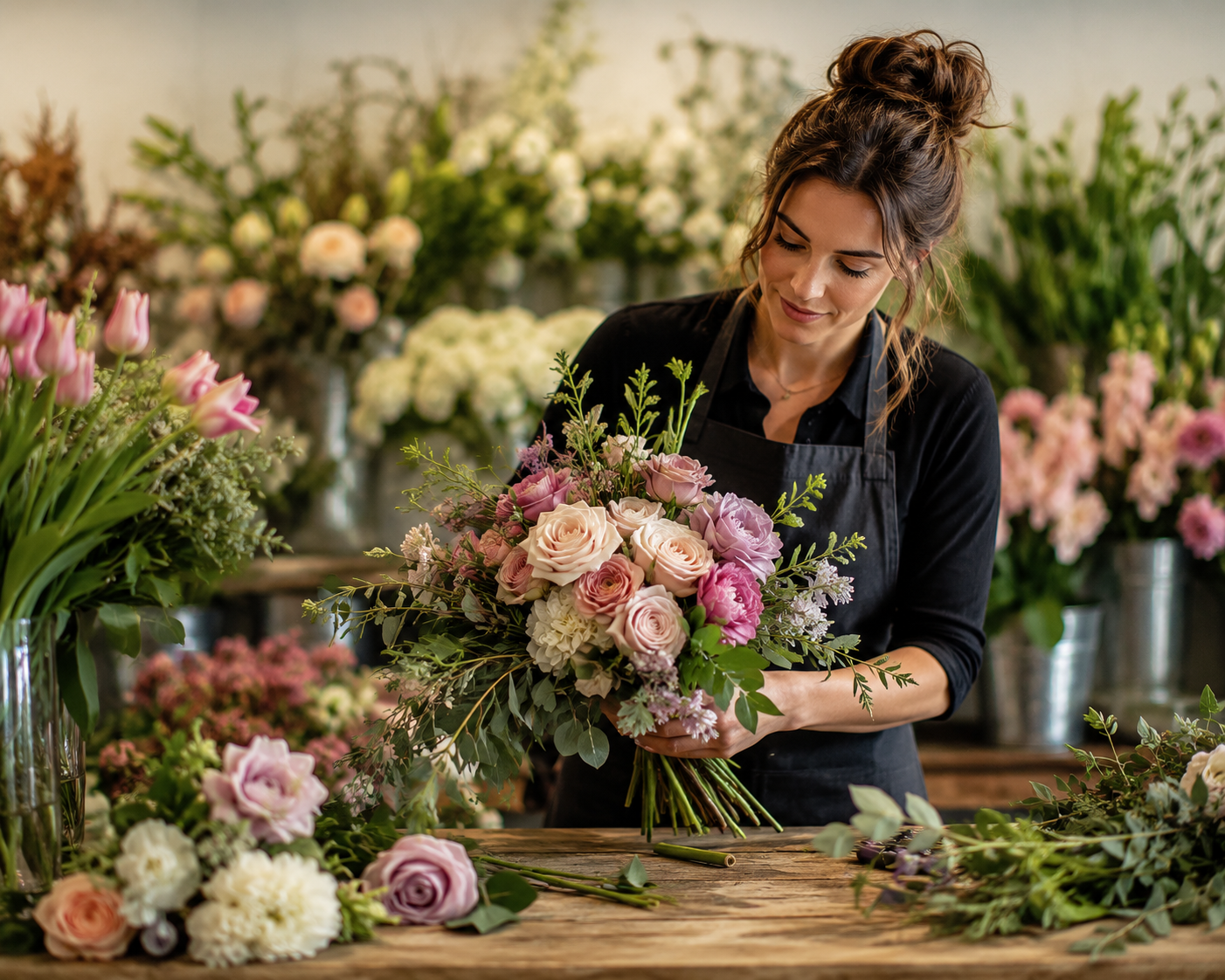 A florist arranges a lush bouquet of roses and peonies on a wooden workbench inside a bright, warmly lit Abington flower shop.