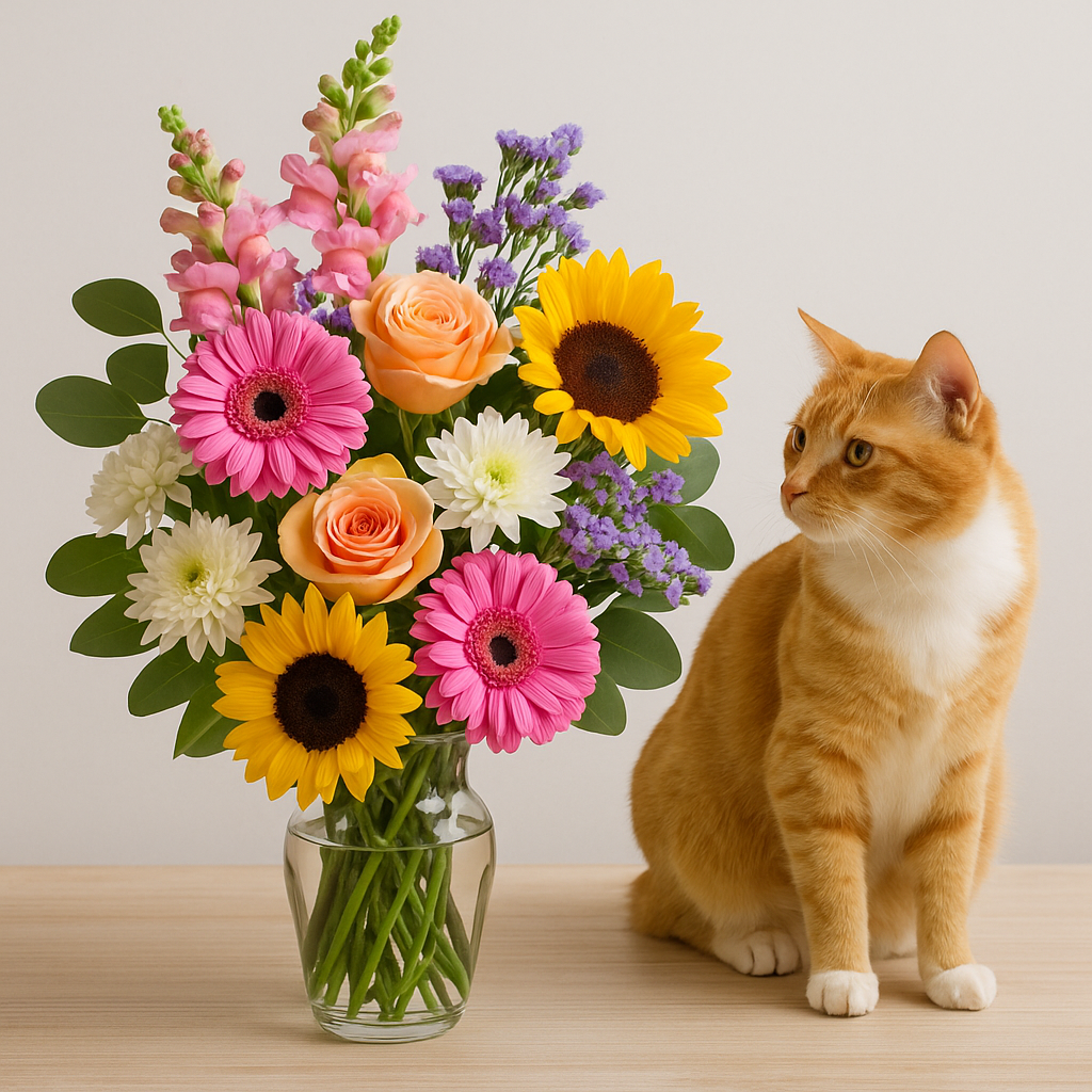 Orange cat next to a pet friendly arrangement of flowers