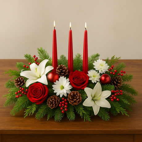 Christmas centerpiece with candles and pinecones