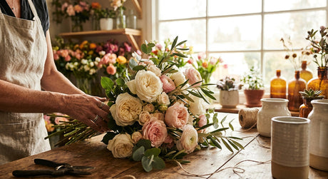 A florist carefully arranges a lush bouquet of fresh roses and garden flowers on a wooden worktable inside a warmly lit, inviting flower shop.