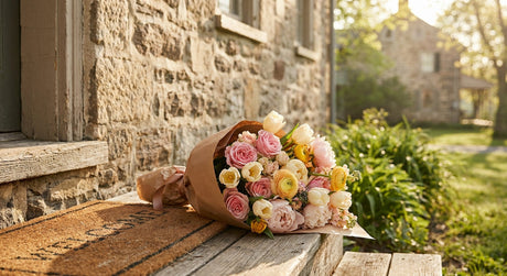 A vibrant mixed flower bouquet in pinks, whites, and yellows resting on the doorstep of a charming Bucks County stone home in warm morning light.