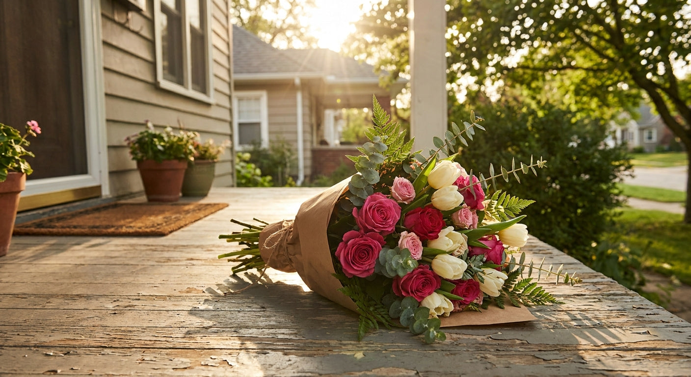 A vibrant mixed flower bouquet of roses and tulips resting on a sunlit suburban doorstep, evoking a same-day flower delivery.