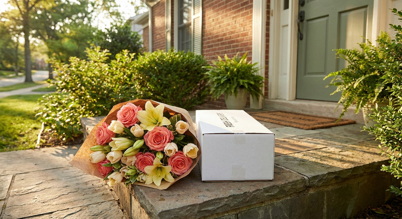 A vibrant mixed flower bouquet in pinks, creams, and yellows resting on the doorstep of a charming suburban home in warm golden morning light.