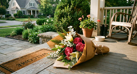 A fresh, colorful flower bouquet wrapped in kraft paper resting on the doorstep of a warm suburban home in golden afternoon light.