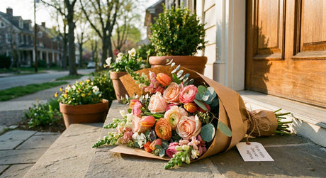 A vibrant, freshly arranged bouquet of roses and tulips wrapped in kraft paper resting on the doorstep of a warm, sunlit suburban home.
