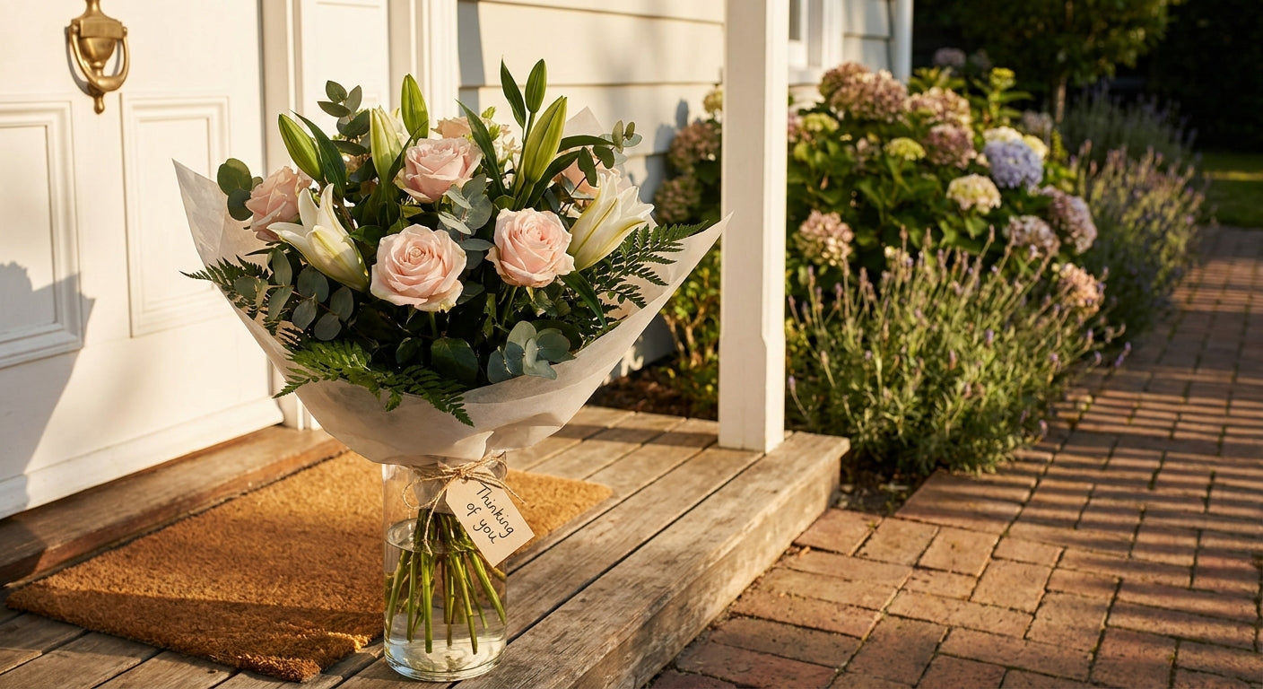 A vibrant mixed flower bouquet with roses and lilies resting on a sunlit suburban front doorstep, evoking same-day floral delivery in a warm, welcoming neighborhood setting.
