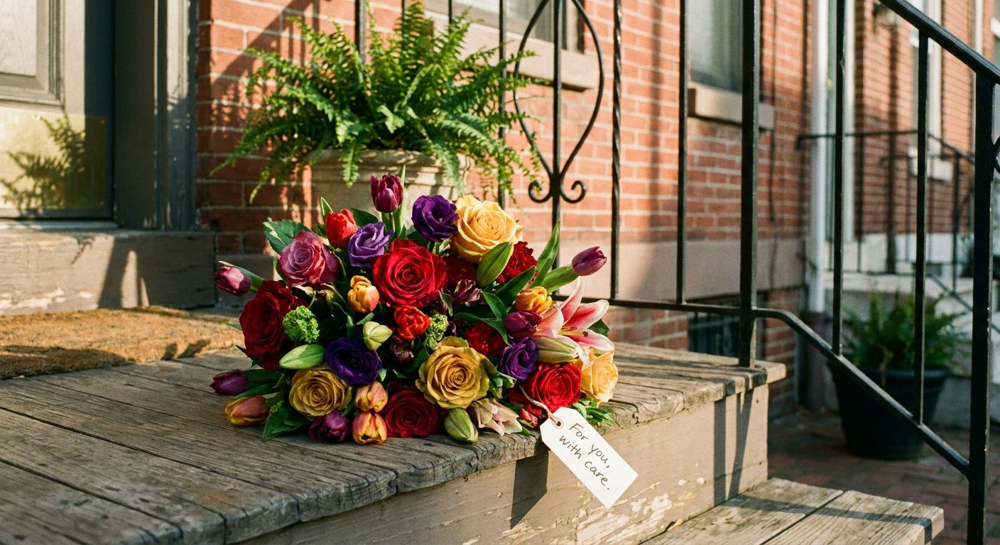 A vibrant mixed flower bouquet with roses, tulips, and lilies resting on a sunlit wooden doorstep in front of a brick Philadelphia row home.