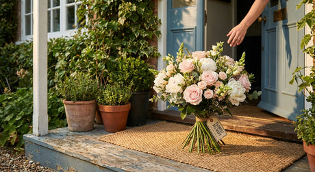 A vibrant fresh flower bouquet in soft pinks and creams sitting on a sunlit suburban doorstep, evoking a same-day floral delivery arrival.
