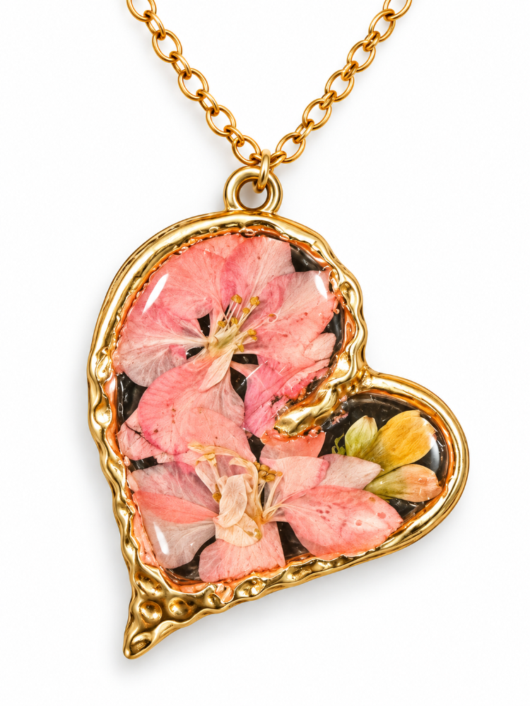 Pink Primrose Heart Pendant with preserved flowers