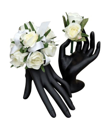 All White Silk Flower Corsage and Boutonniere Package