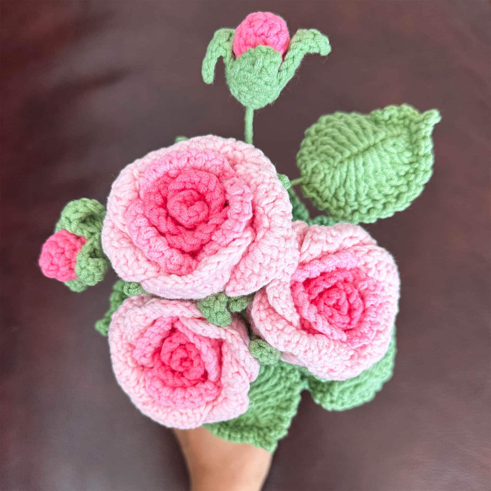 Handmade crochet pink rose planter