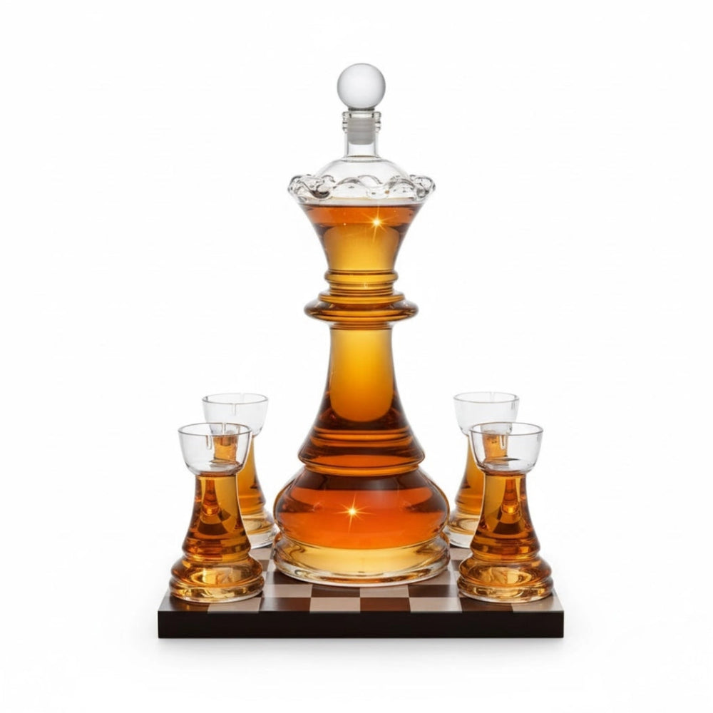 A whiskey decanter and four matching shot glasses arranged on a checkerboard base. The decanter and glasses are made of transparent glass, with the decanter filled with amber liquid, photographed on a clean white background.