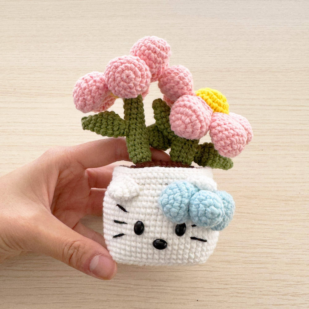 Handmade crochet kitty flower pot