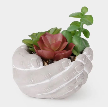 Artificial succulent plants in cement hands pot