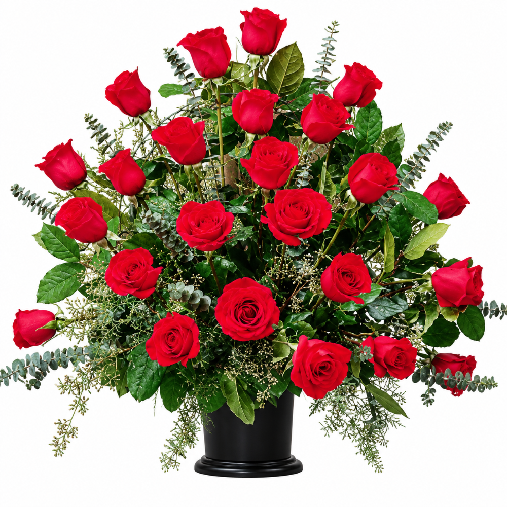 Blooming red roses in funeral flower mache