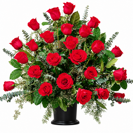 Blooming red roses in funeral flower mache