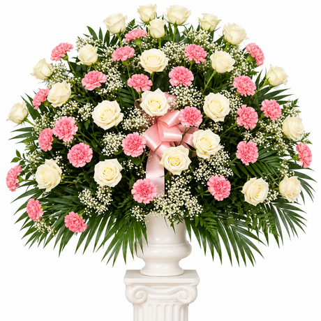 Pink carnations and white roses arranged in urn for funeral