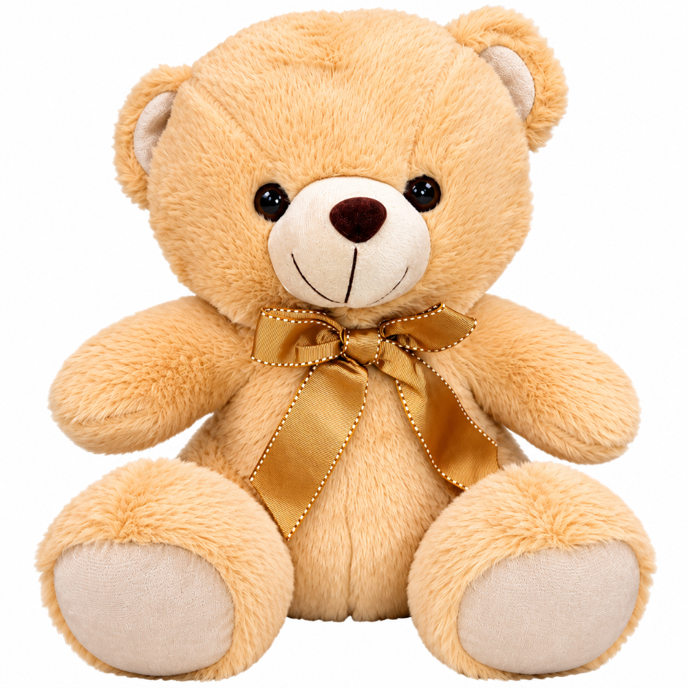 A plush teddy bear toy in light tan with a cream-colored snout and paw pads, featuring a shiny gold satin bow around its neck, set against a plain white background.