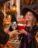 Girl receiving candy for Halloween