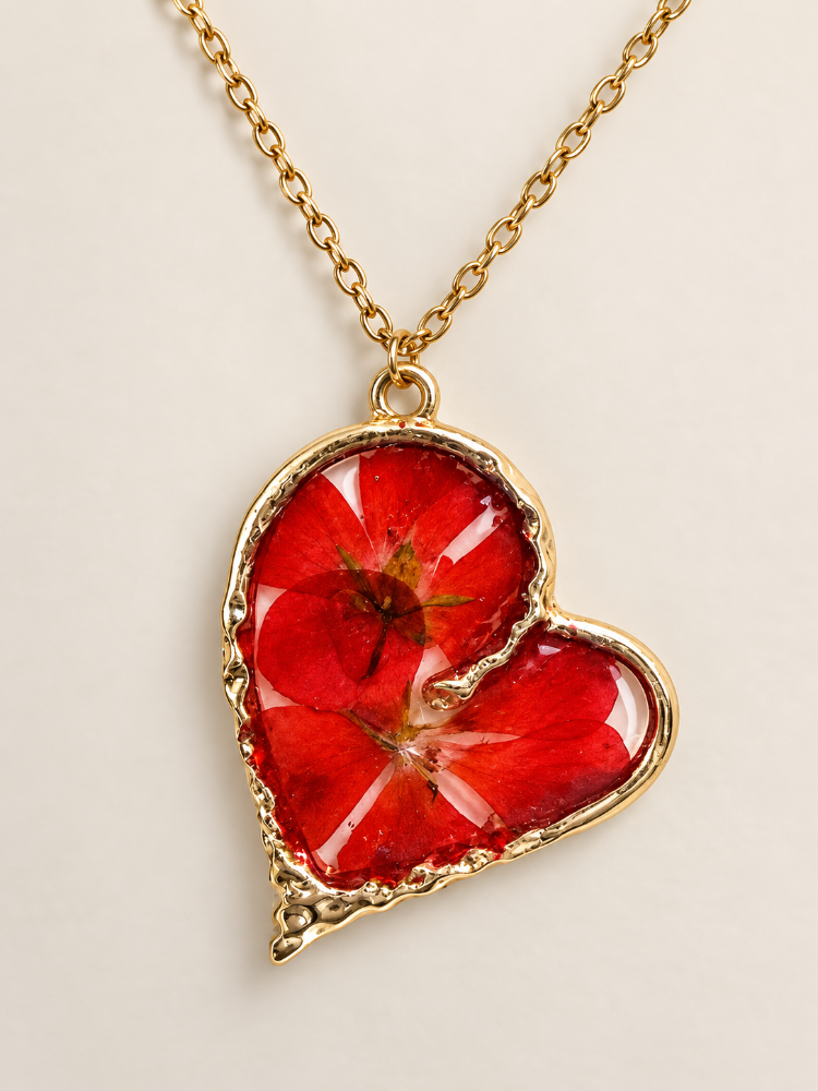 Red geranium handmade keepsake heart necklace