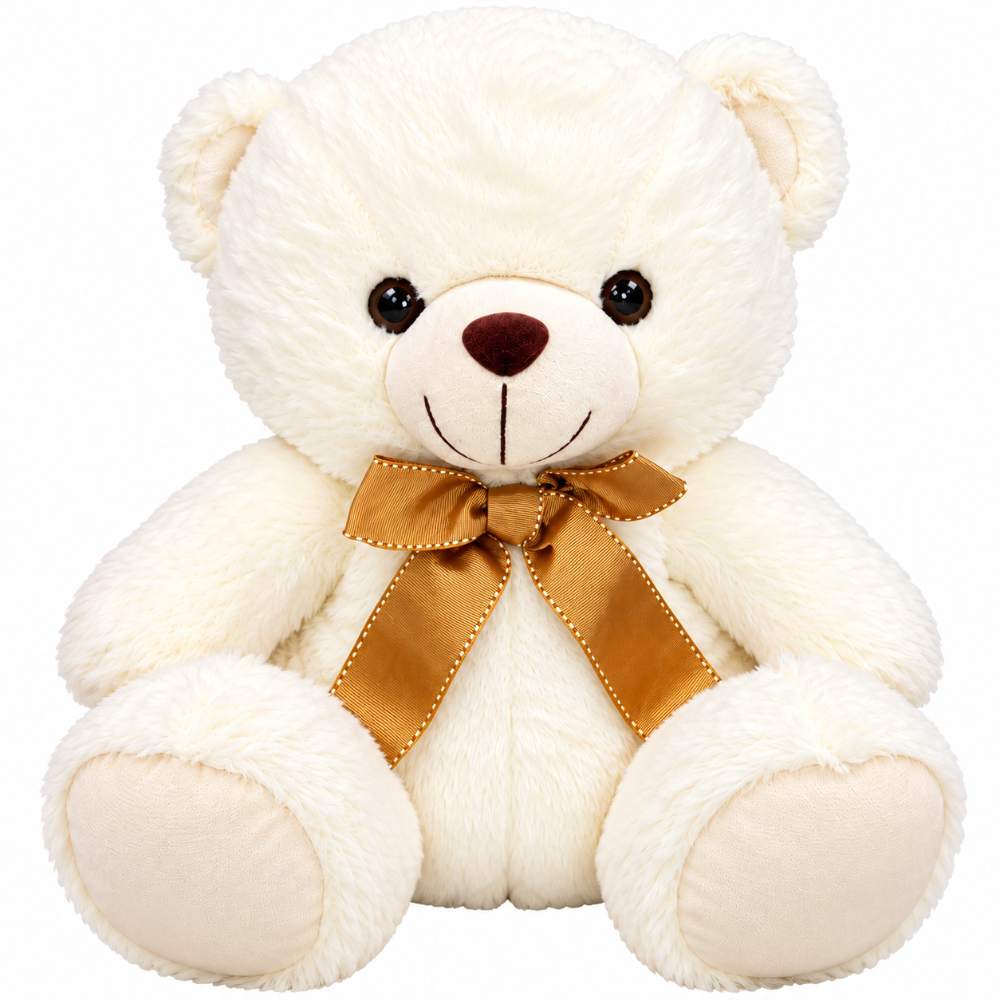 A white plush teddy bear with a gold satin bow around its neck, set against a plain white background.