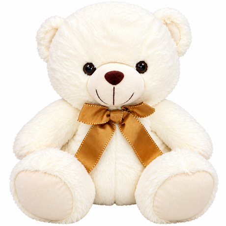 A white plush teddy bear with a gold satin bow around its neck, set against a plain white background.