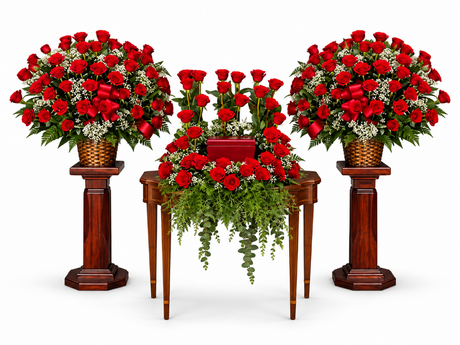 3 piece funeral flower package of red roses for cremation urn