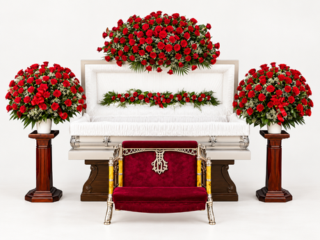 Red rose funeral flower package- casket spray, hinge spray and 2 baskets.