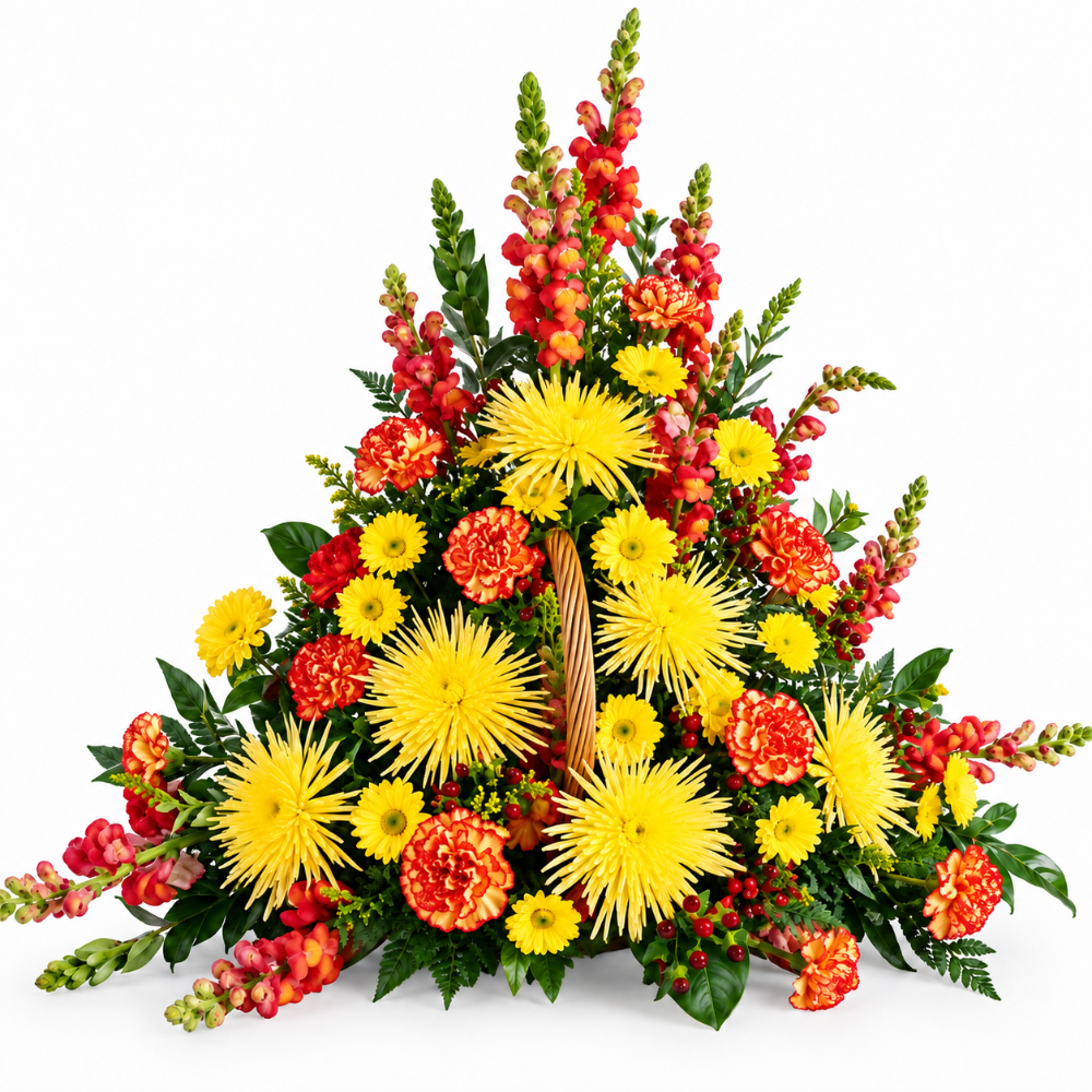 One sided Fall flower funeral arrangement in wicker fireside basket