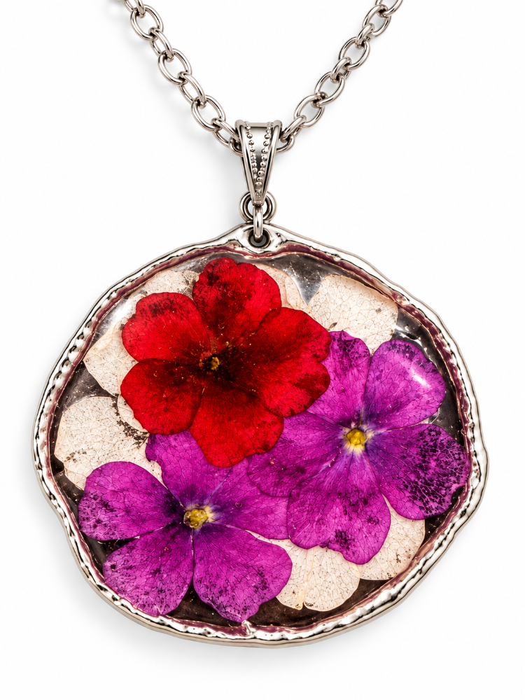 Multi Hue Verbana Round Pendant with preserved flowers