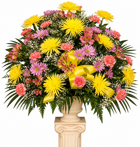 Mixed Flower Funeral Basket of yellow and pink flowers