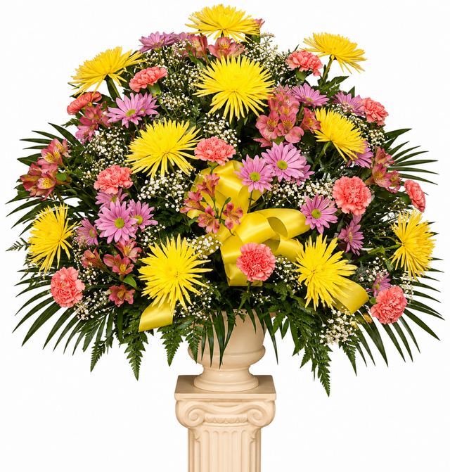 Mixed Flower Funeral Basket of yellow and pink flowers