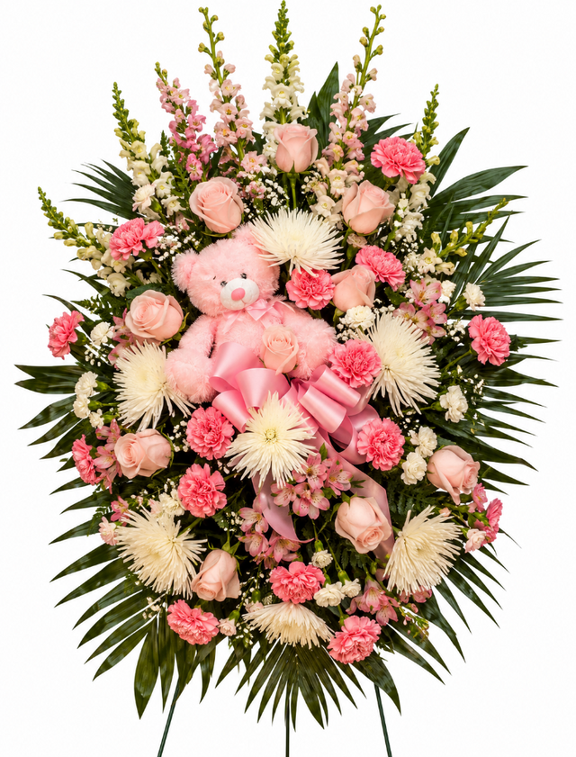 Themed funeral flower spray with teddy bear