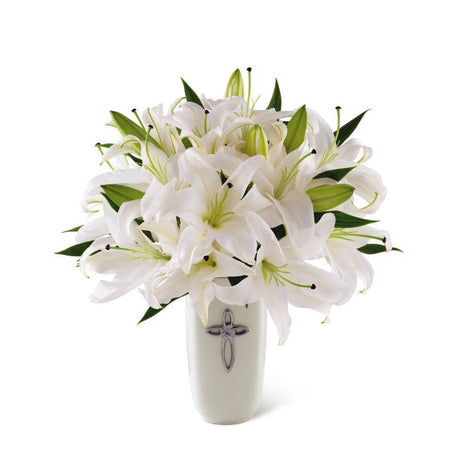 FTD Faithful Blessings Bouquet of white lilies in cross vase Deluxe