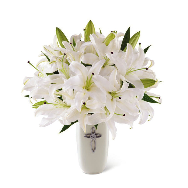 FTD Faithful Blessings Bouquet of white lilies in cross vase Premium
