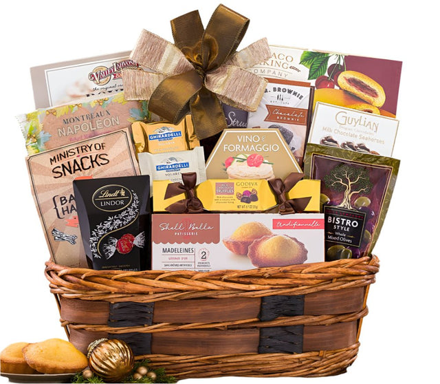 Gift basket of assorted gourmet snacks