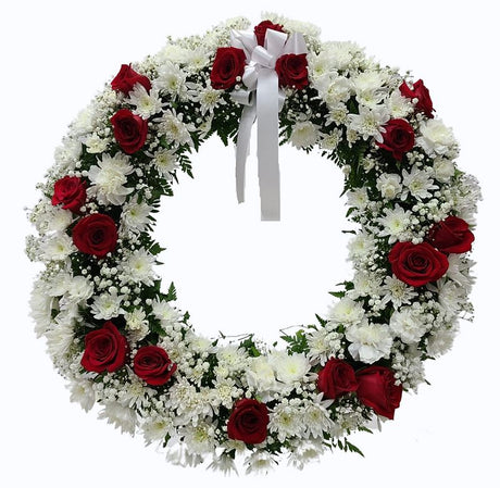 Guam Funeral Flower Wreath- White with Red Roses