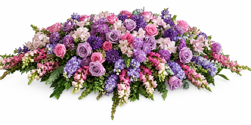 Funeral flower casket spray of all lavender and purple flowers