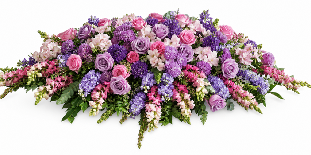 Funeral flower casket spray of all lavender and purple flowers