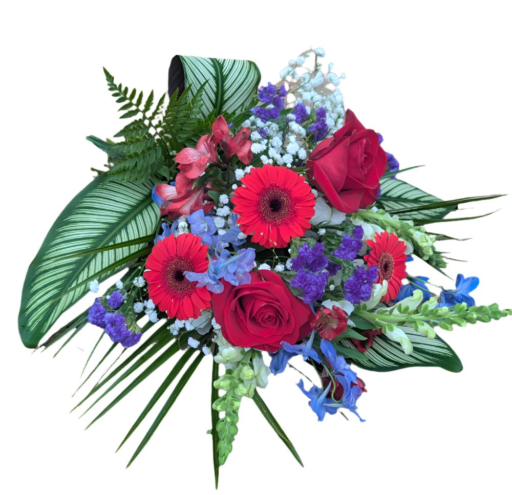 Red, white and blue flower bouquet