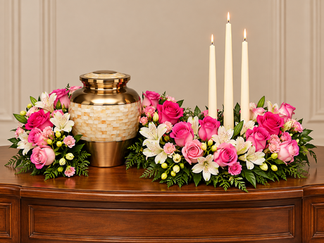 Candlelight Embrace Cremation urn flower tribute