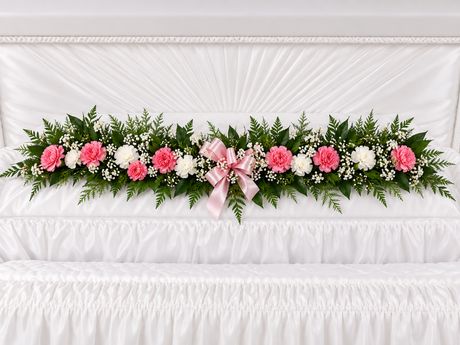 Pink and white carnation garland for inside the casket at a funeral