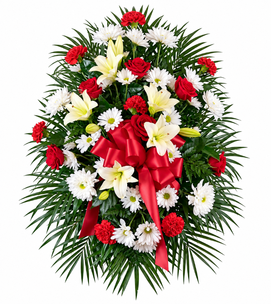 Red and white funeral flower standing spray