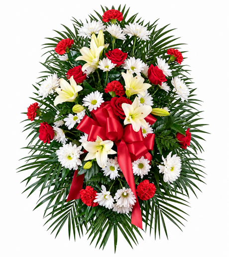 Red and white funeral flower standing spray