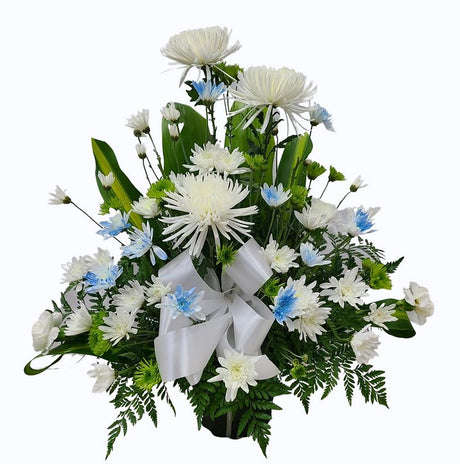 Blue and white sympathy basket to Guam