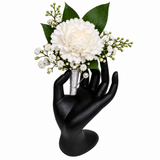 White carnation boutonniere with silver ribbon wrap on stem