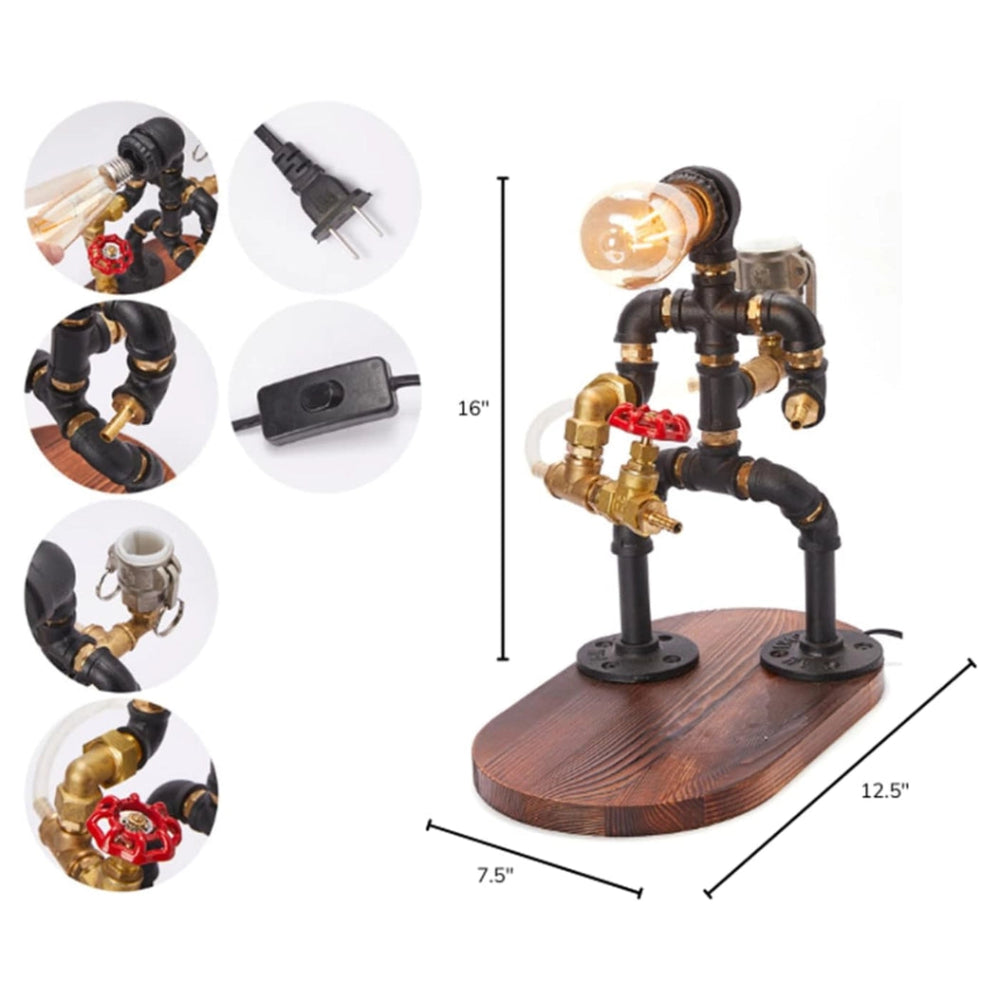 Steampunk-style industrial table lamp with black and brass pipe components, red valve details, and a round wooden base, shown on a white background with dimension lines and inset detail circles.