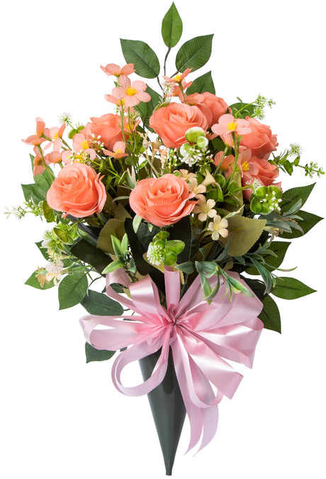 Artificial Daisy and Rose Cemetery Vase - Orange