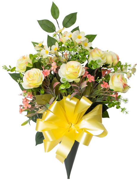 Artificial Daisy and Rose Cemetery Vase - Yellow