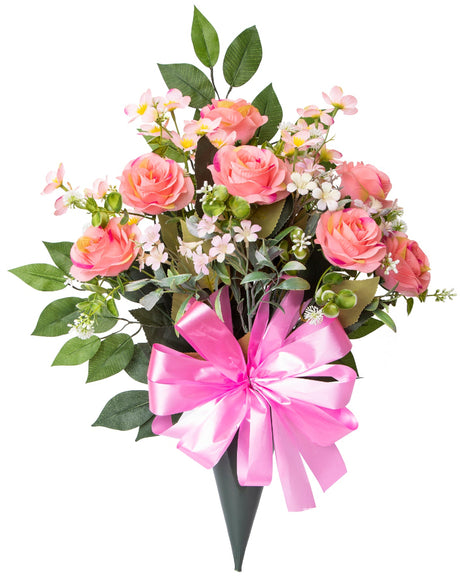 Artificial Daisy and Rose Cemetery Vase - Pink